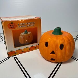 Vintage Pumpkin Time 6" Ceramic Jack O Lantern Candle Holder Orange Green Box